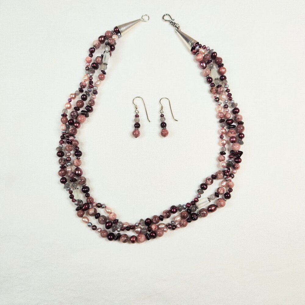 Red Agate & Pearl 3-strand Necklace & Earring Set - NEW